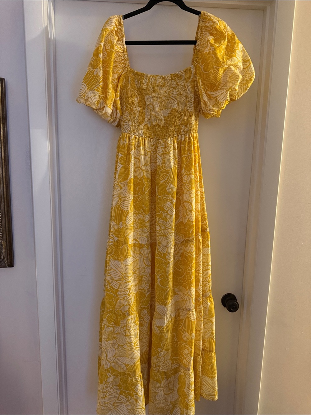 Yellow Floral Puff-Sleeve Maxi Dress